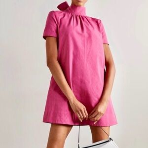 Elegant Pink High-Neck Short Sleeve A-Line Dress